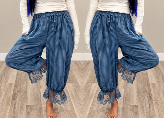 Striped Balloon Lace Hem Pants