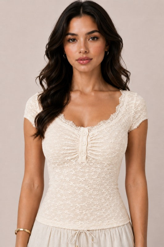 Cream Lace Henley Top