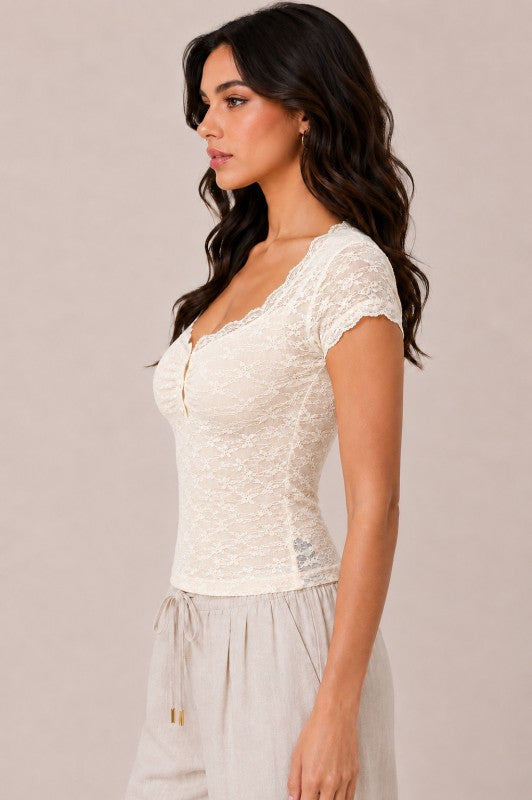 Cream Lace Henley Top