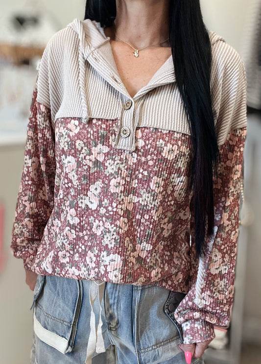Floral Ribbed Hooded Henley Top