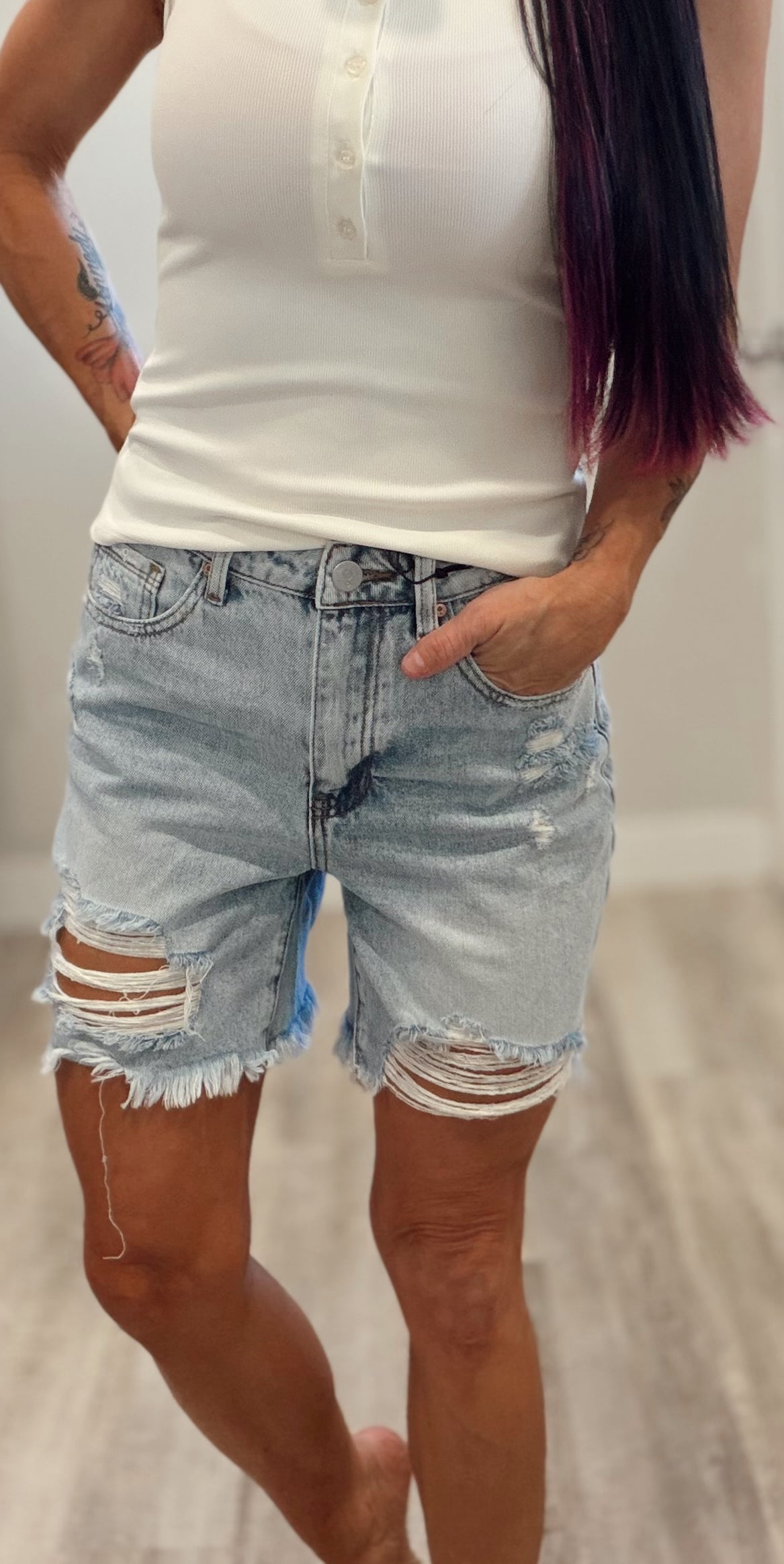 Mid Thigh Distressed Denim Shorts