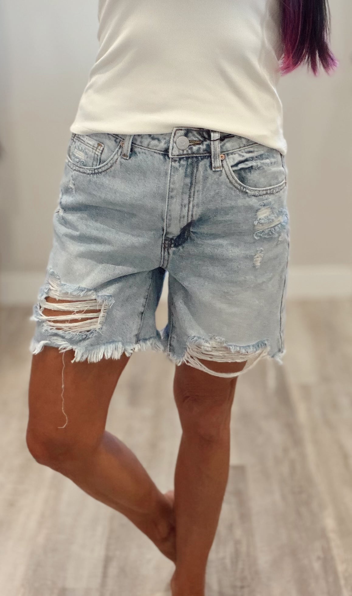 Mid Thigh Distressed Denim Shorts