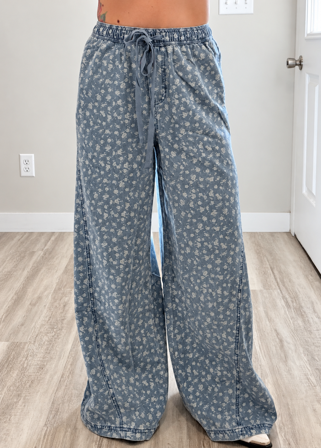 Floral Denim Wide Leg Pants