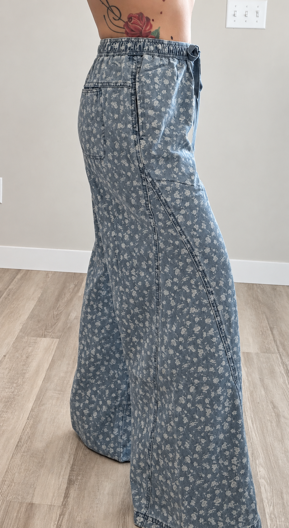 Floral Denim Wide Leg Pants