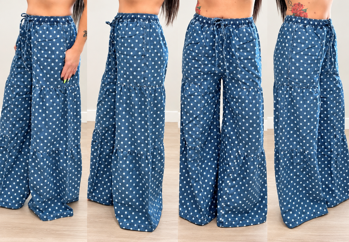 Polka Dot Denim Wide Leg Pants