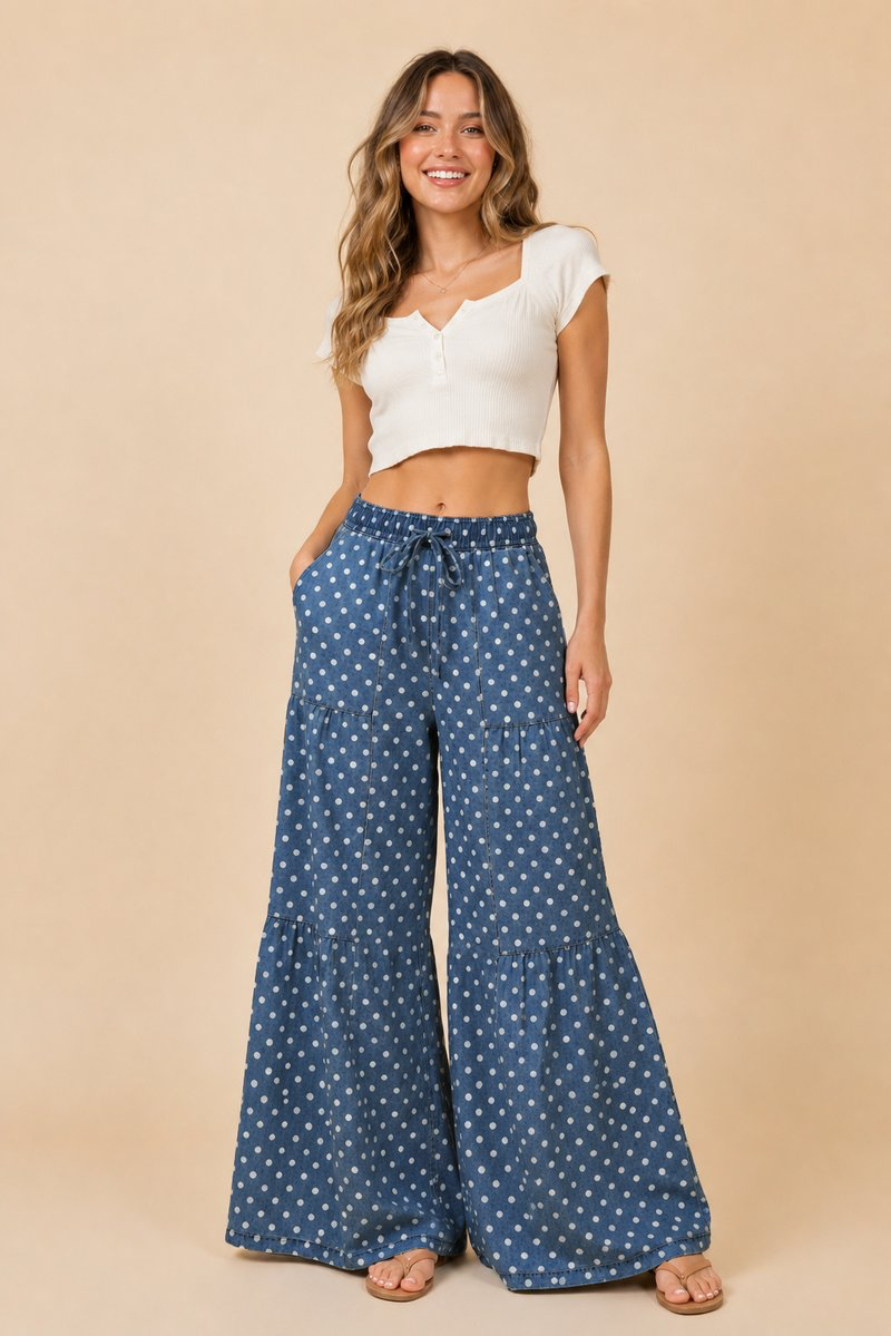 Polka Dot Denim Wide Leg Pants