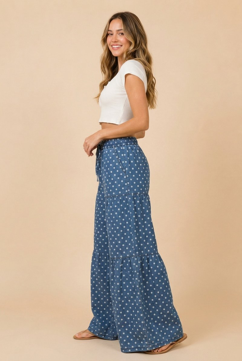 Polka Dot Denim Wide Leg Pants