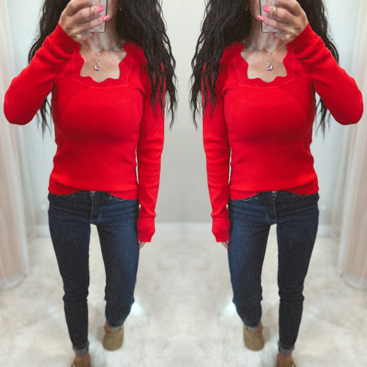 Scallop Neck Knit Sweater Top