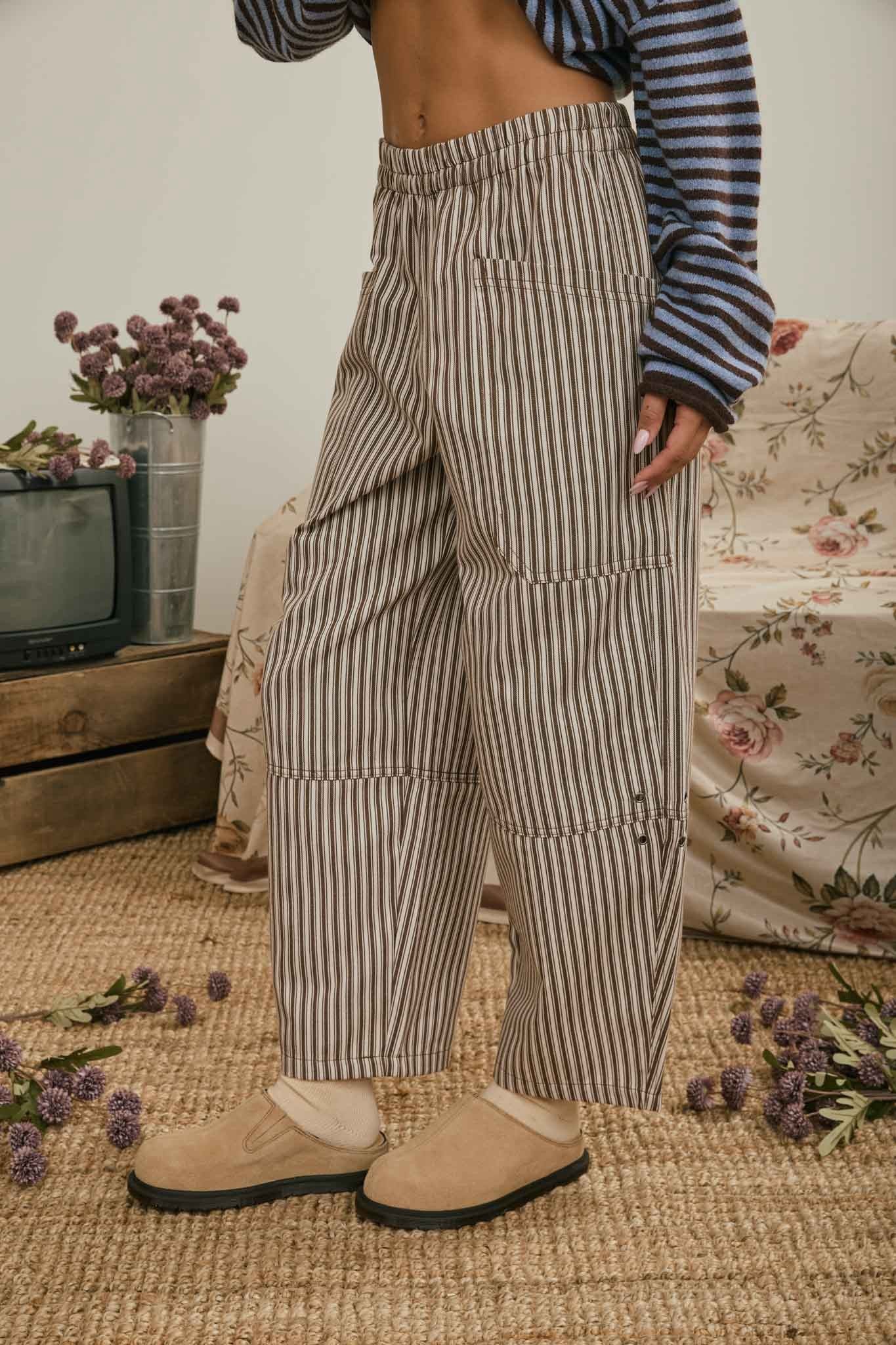 Brown Striped Pull On Pants