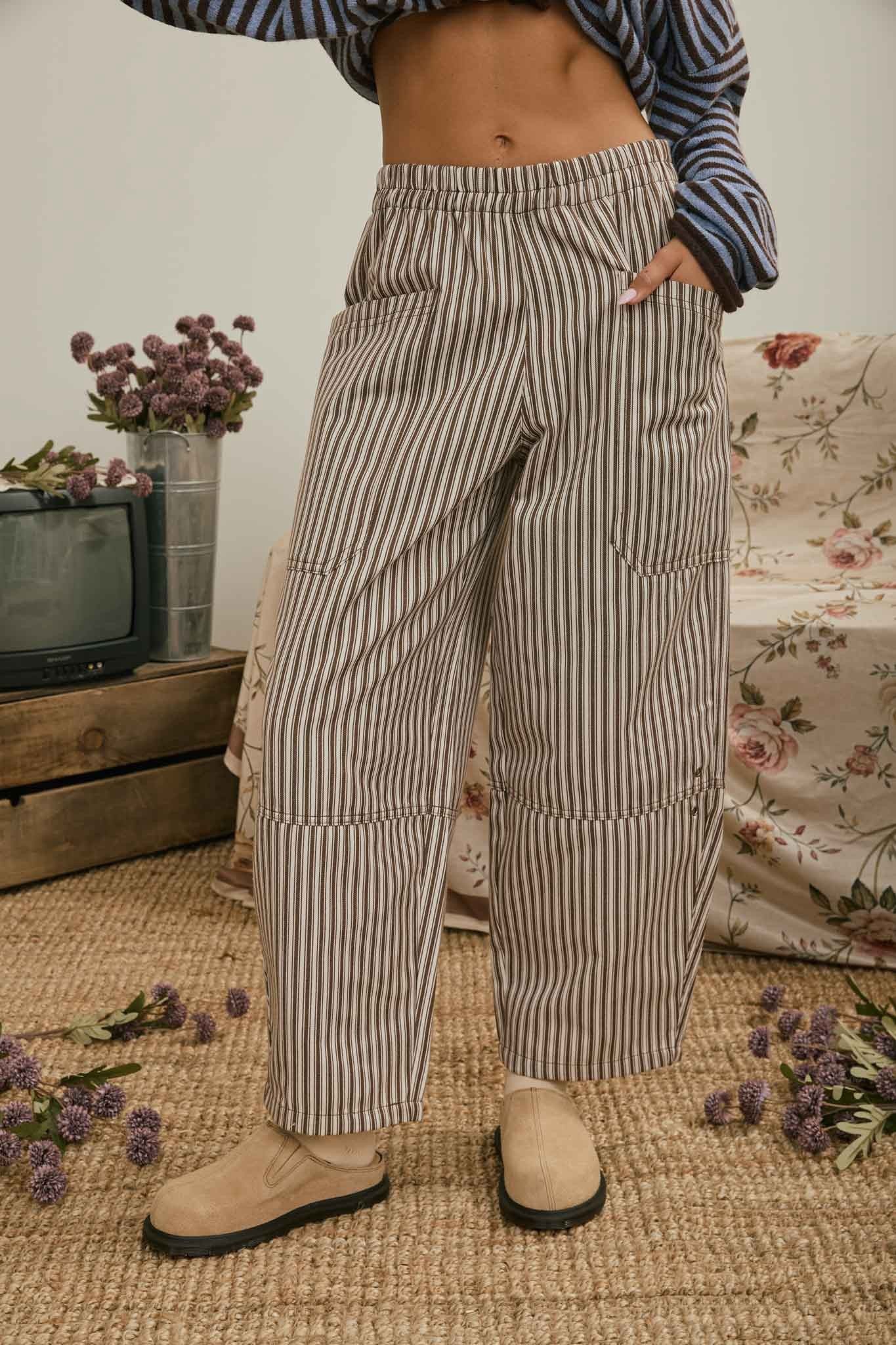 Brown Striped Pull On Pants