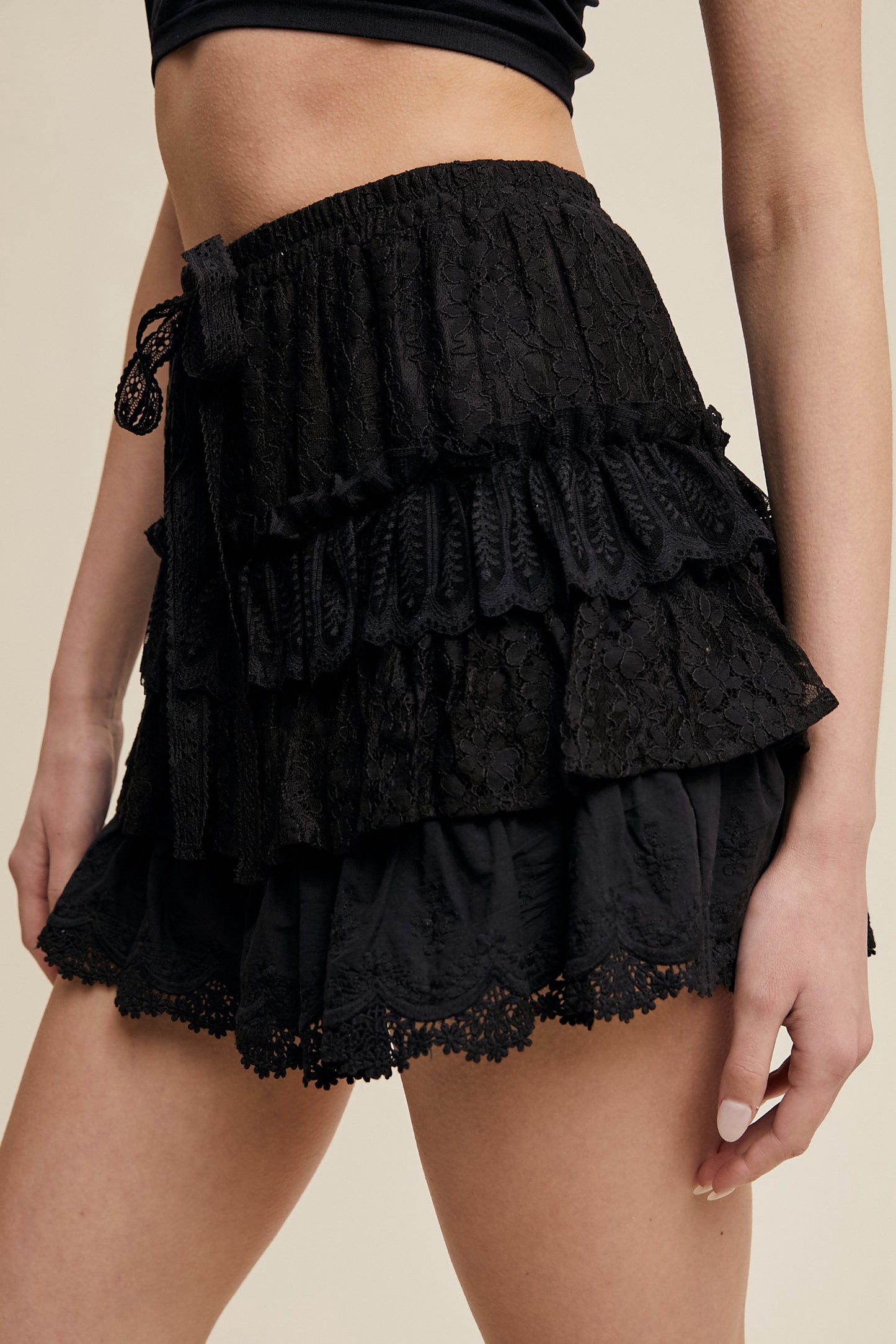 Lace Tiered Shorts With Ruffle Details