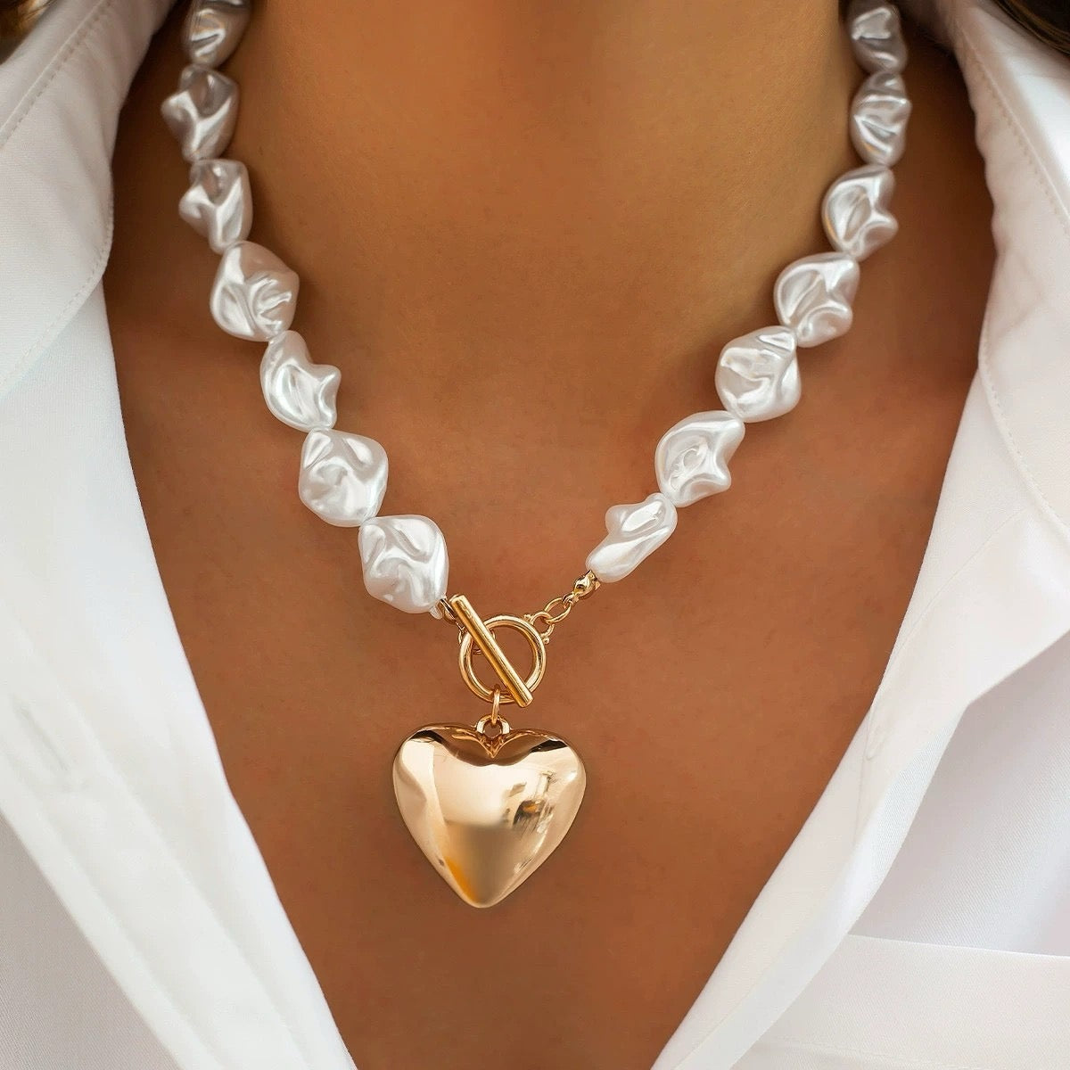 Beaded Pearl Heart Charm Toggle Necklace