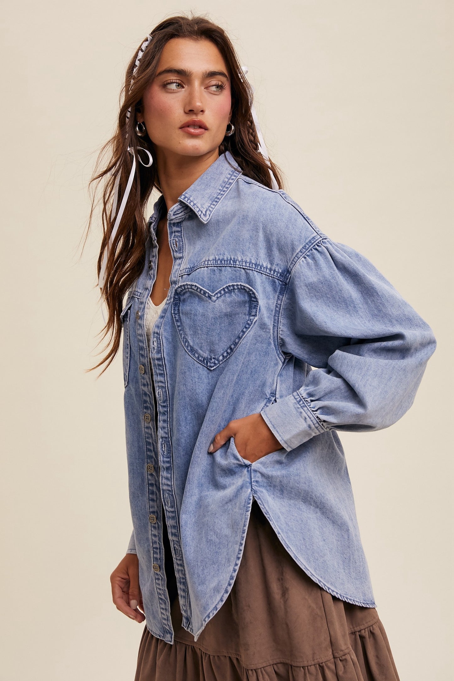 Heart Pocket Denim Shacket