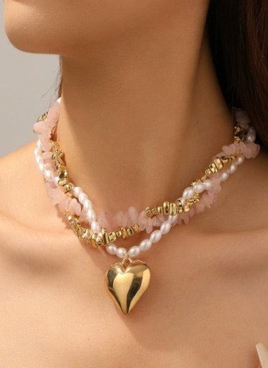 Pearl and Stone Beaded Heart Necklace