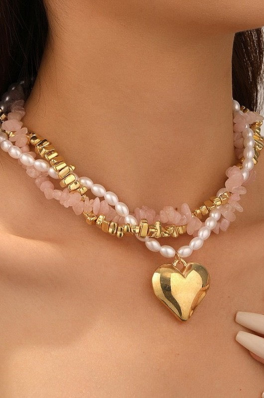 Pearl and Stone Beaded Heart Necklace