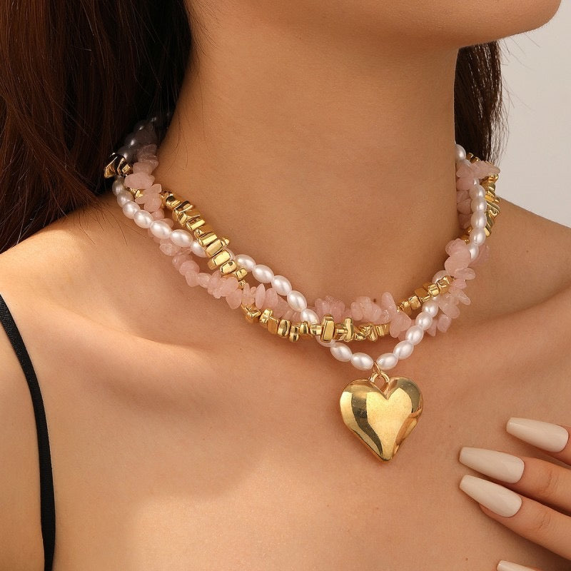 Pearl and Stone Beaded Heart Necklace