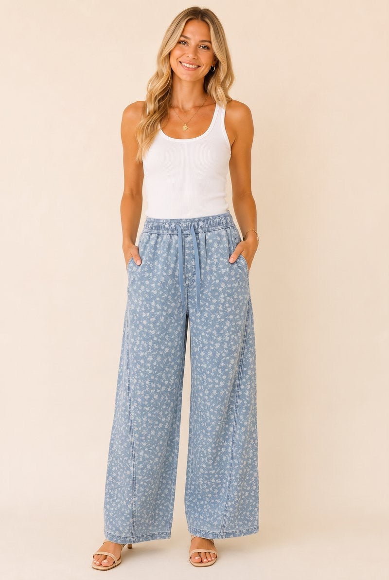 Floral Denim Wide Leg Pants