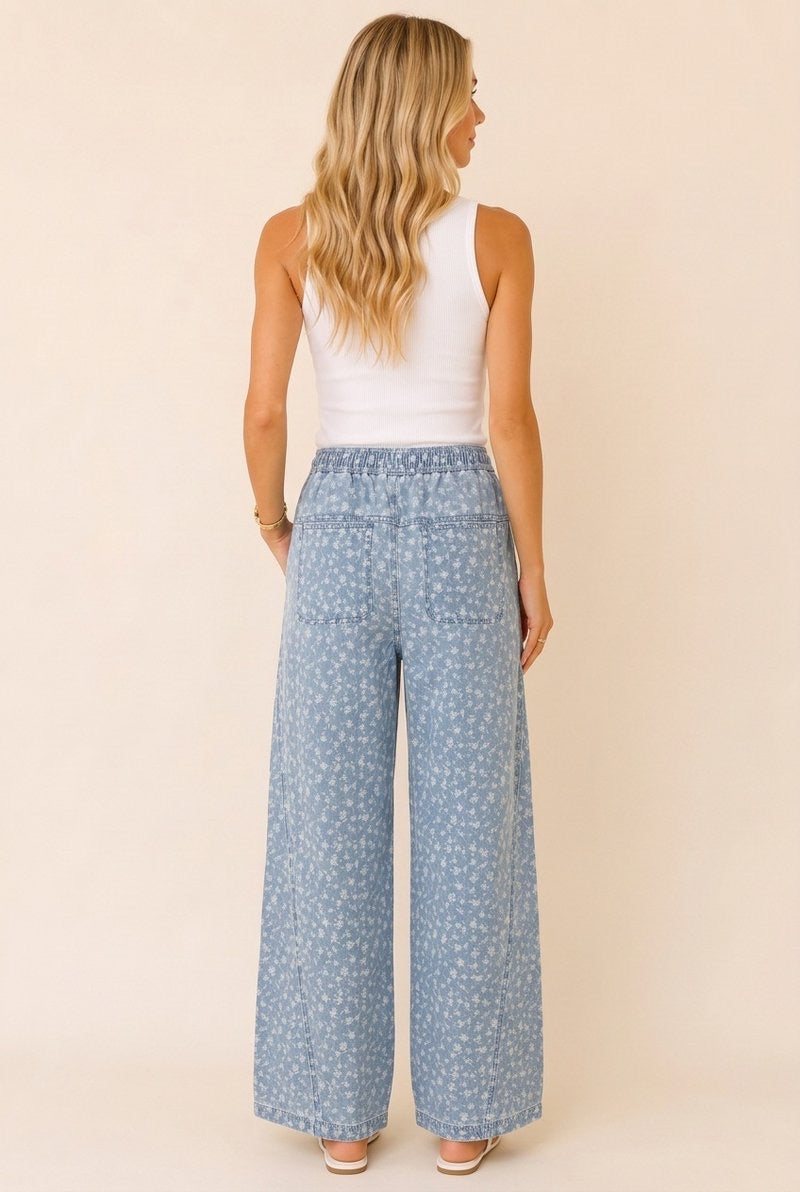Floral Denim Wide Leg Pants