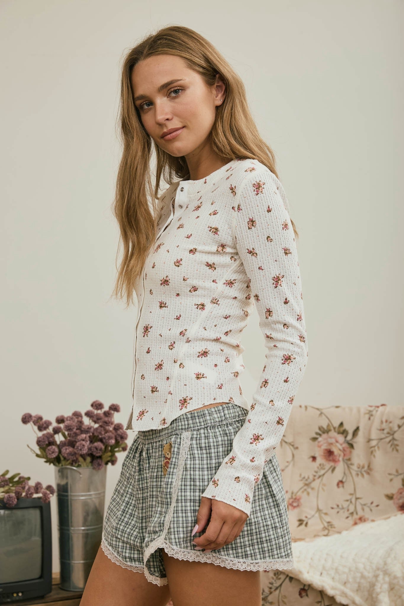 Thermal Waffle Floral Snap Button Long Sleeve Top