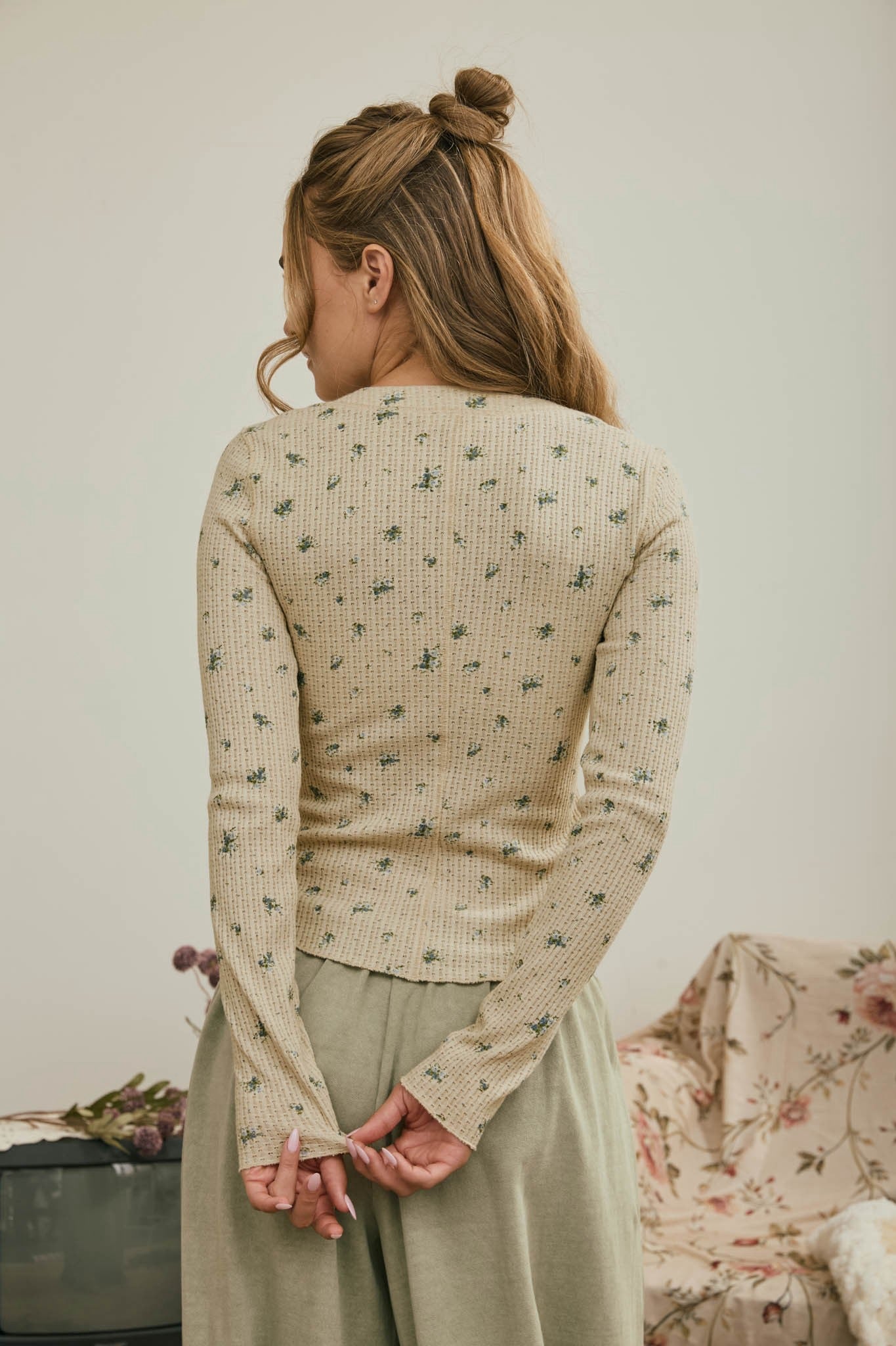 Thermal Waffle Floral Snap Button Long Sleeve Top