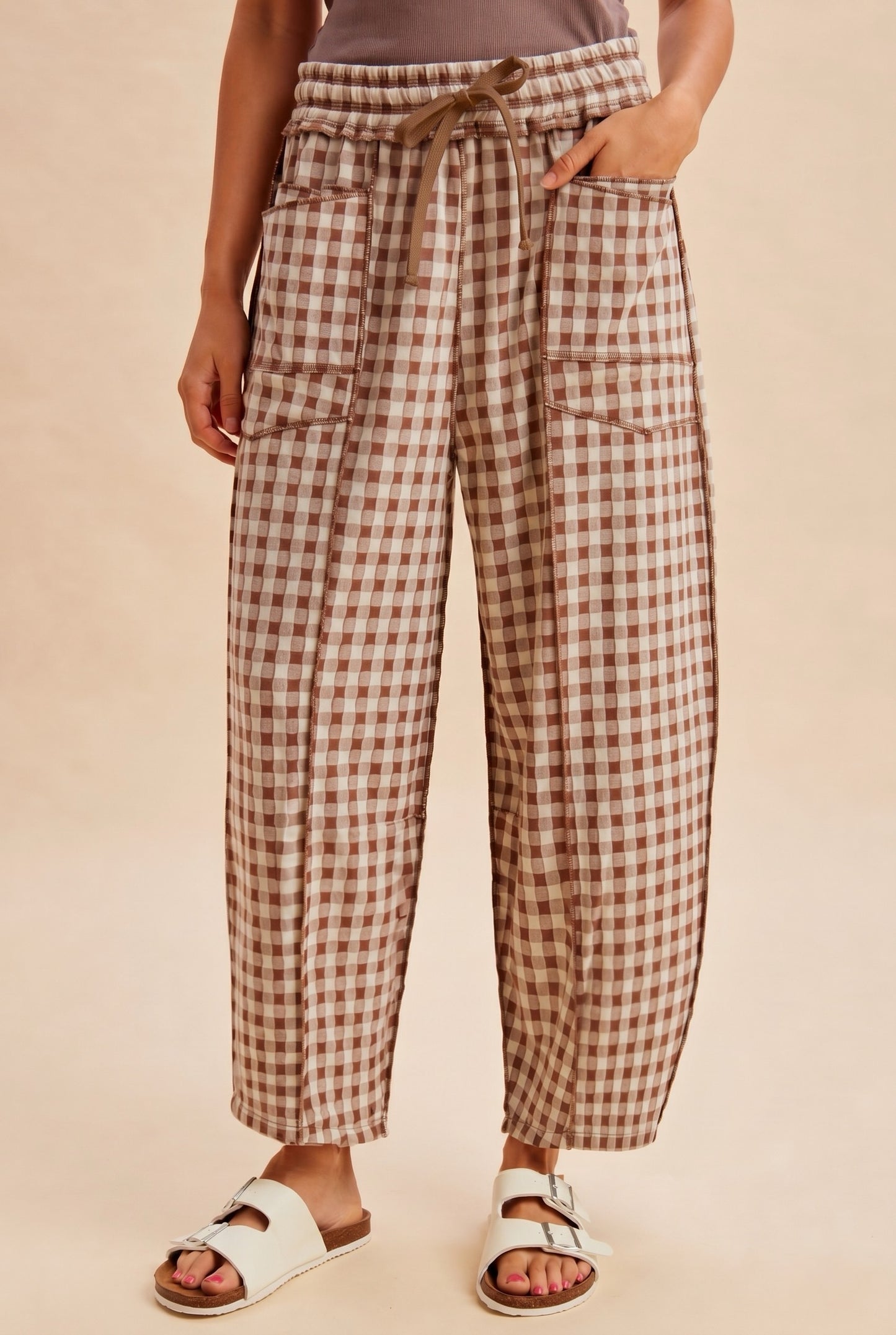 Soft Brushed Knit Barrel Check Pants