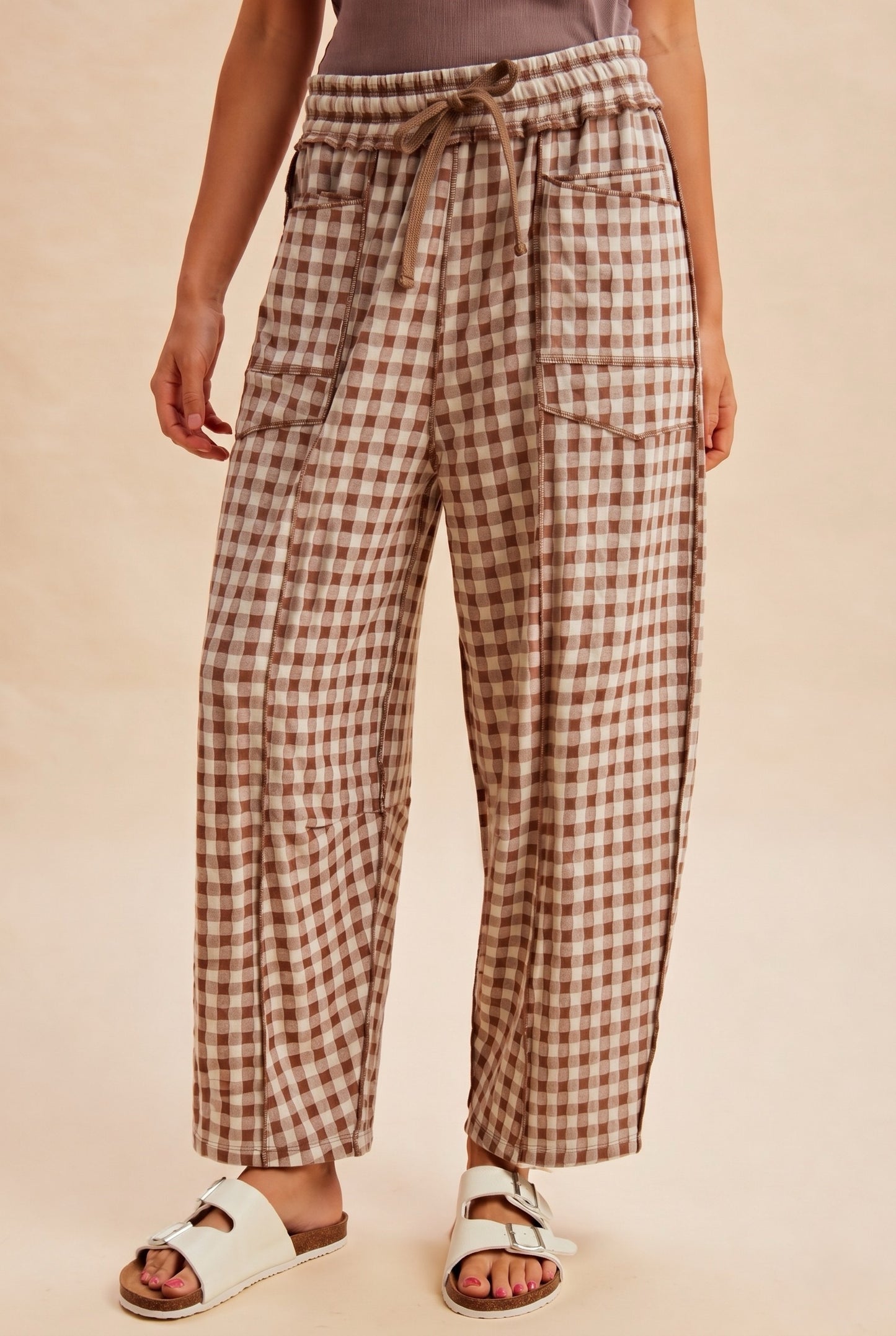 Soft Brushed Knit Barrel Check Pants