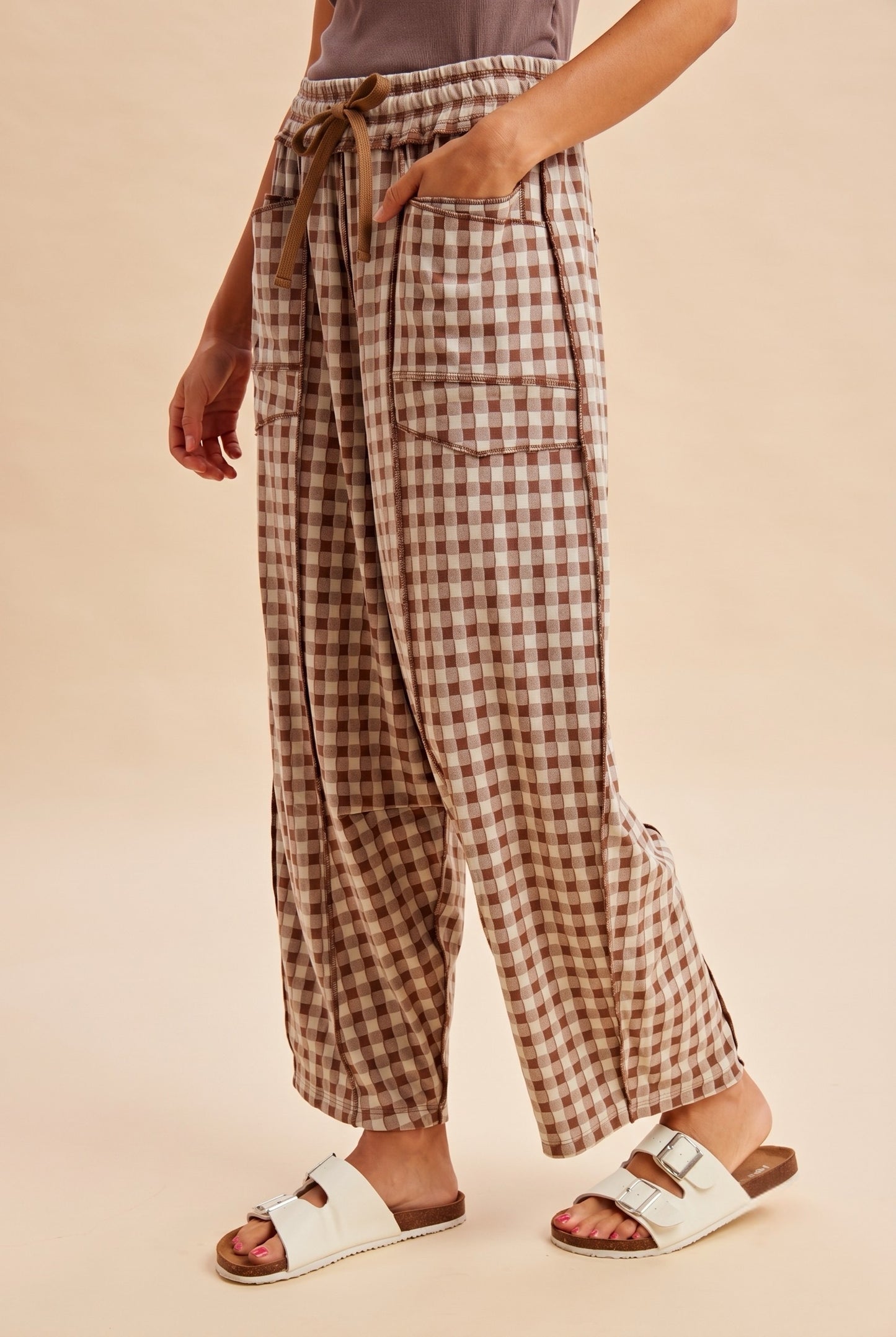 Soft Brushed Knit Barrel Check Pants