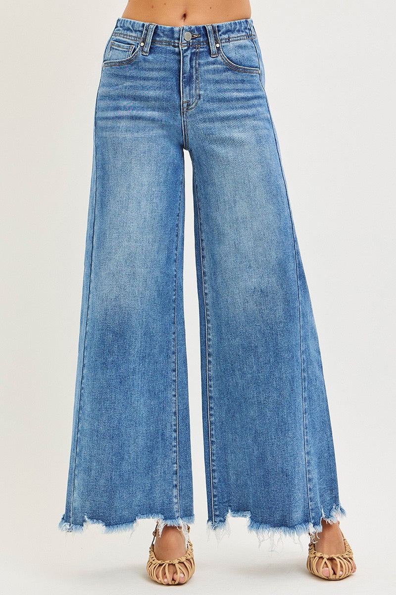 Risen Raw Hem Wide Leg Denim