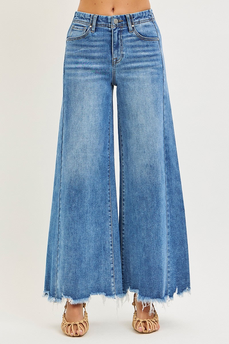Risen Raw Hem Wide Leg Denim
