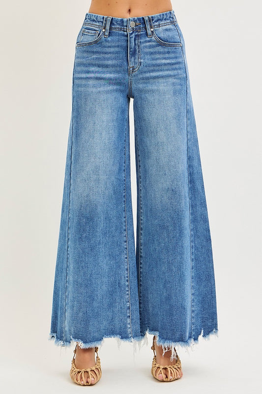 Risen Raw Hem Wide Leg Denim