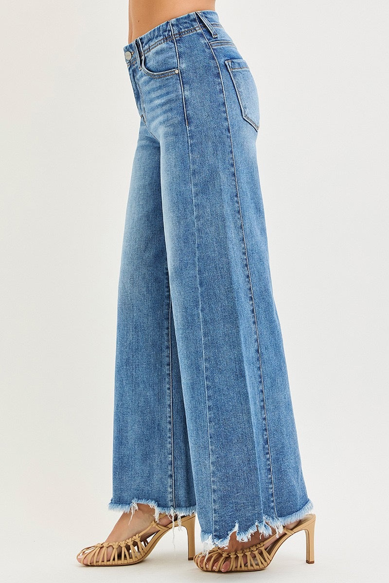 Risen Raw Hem Wide Leg Denim