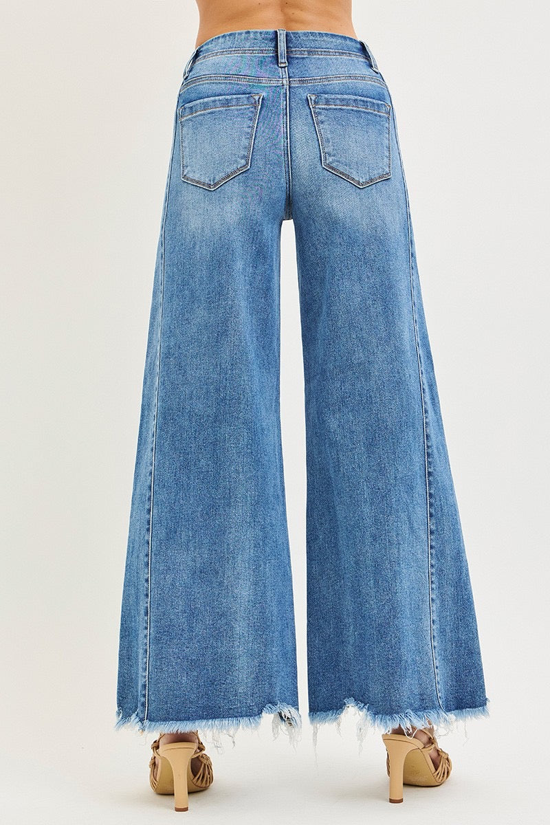 Risen Raw Hem Wide Leg Denim