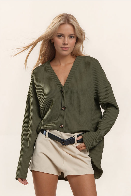 Olive Waffle Buttondown Top