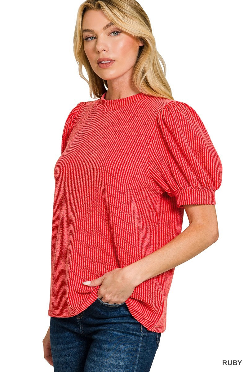 Ribbed Puff Sleeve Top