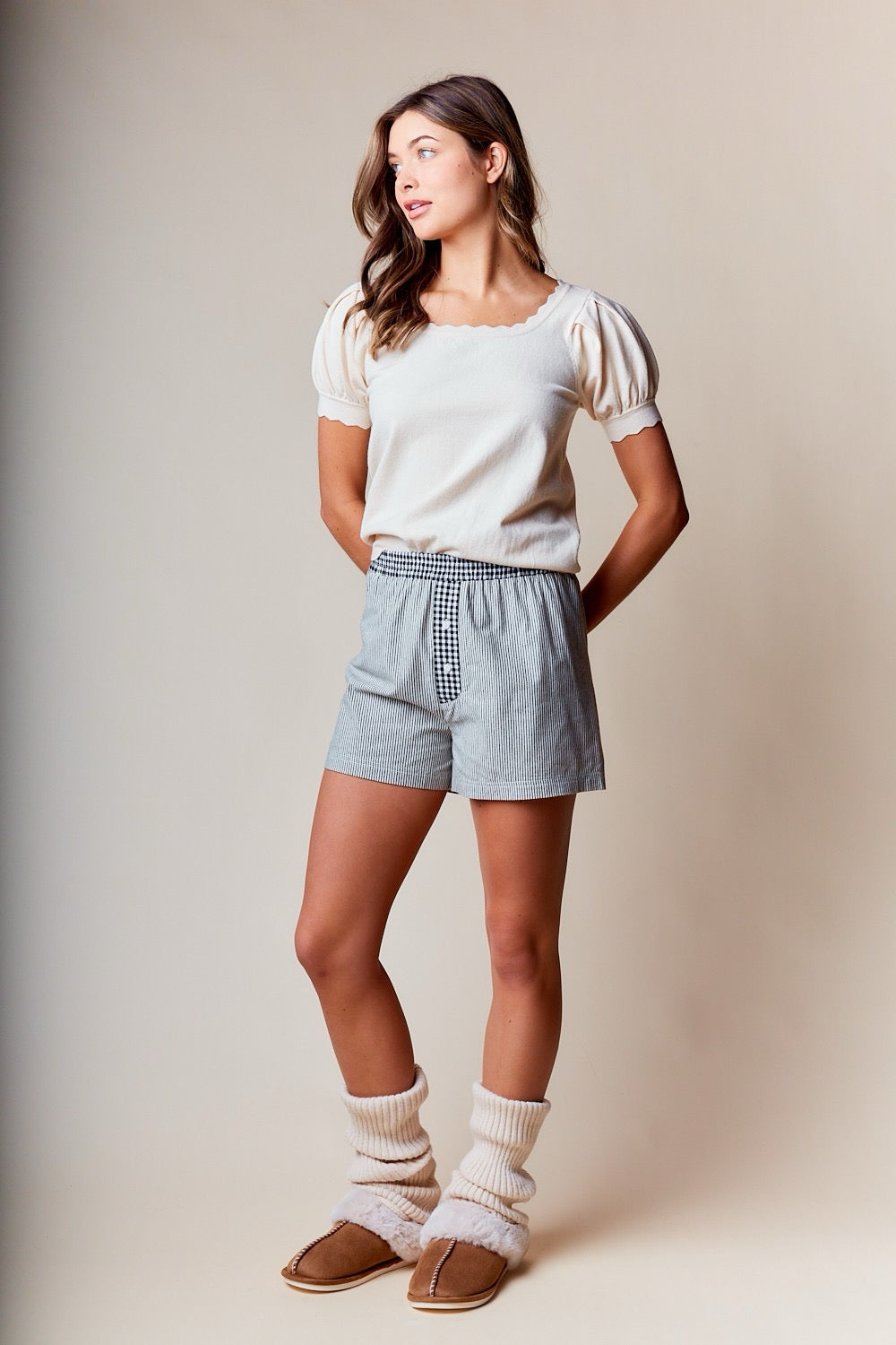 Scallop Puff Sleeve Sweater Top