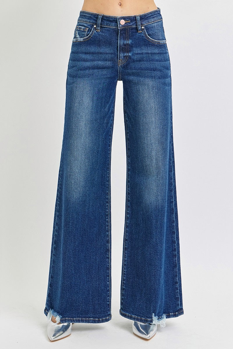 Dark Wash Mid Rise Wide Leg Denim