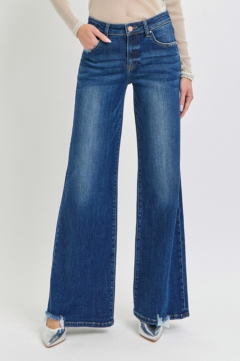 Dark Wash Mid Rise Wide Leg Denim