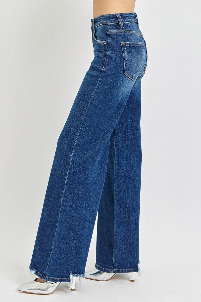 Dark Wash Mid Rise Wide Leg Denim