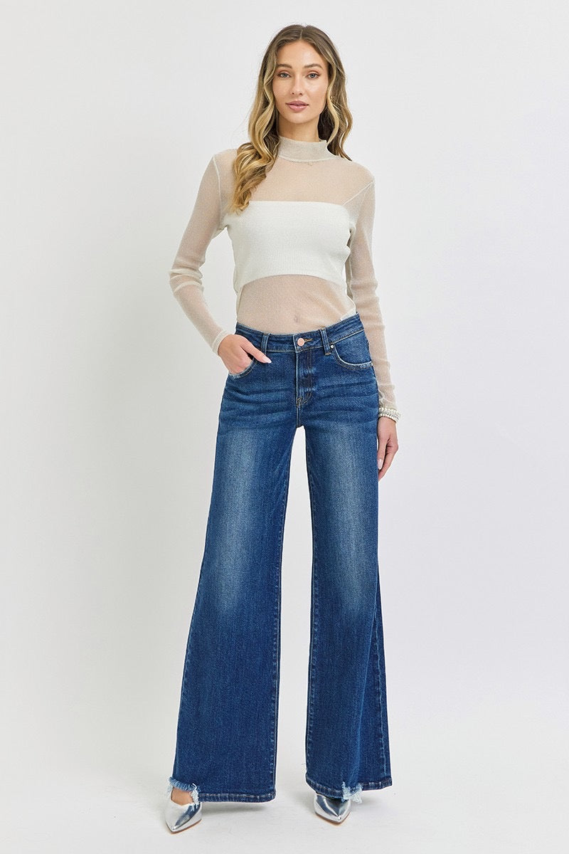 Dark Wash Mid Rise Wide Leg Denim