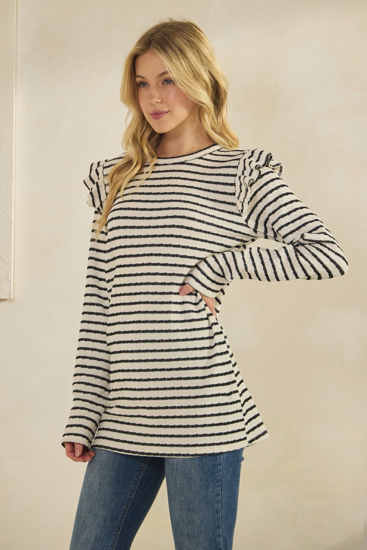 Blue Stripe Textured Flutter Sleeve Top