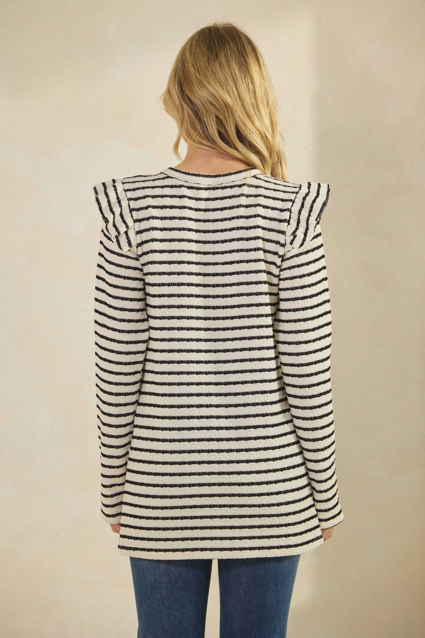 Blue Stripe Textured Flutter Sleeve Top