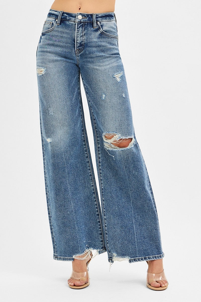 Risen Wide Leg Mid Rise Denim