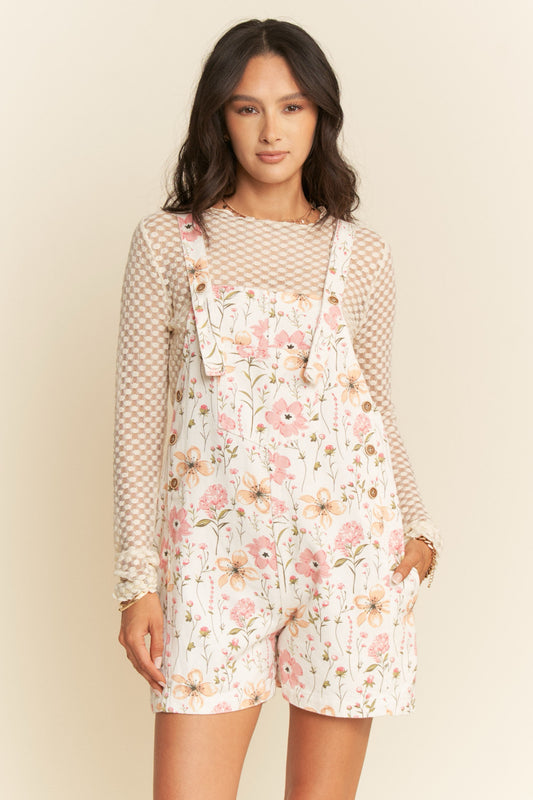 Denim Floral Short Overalls