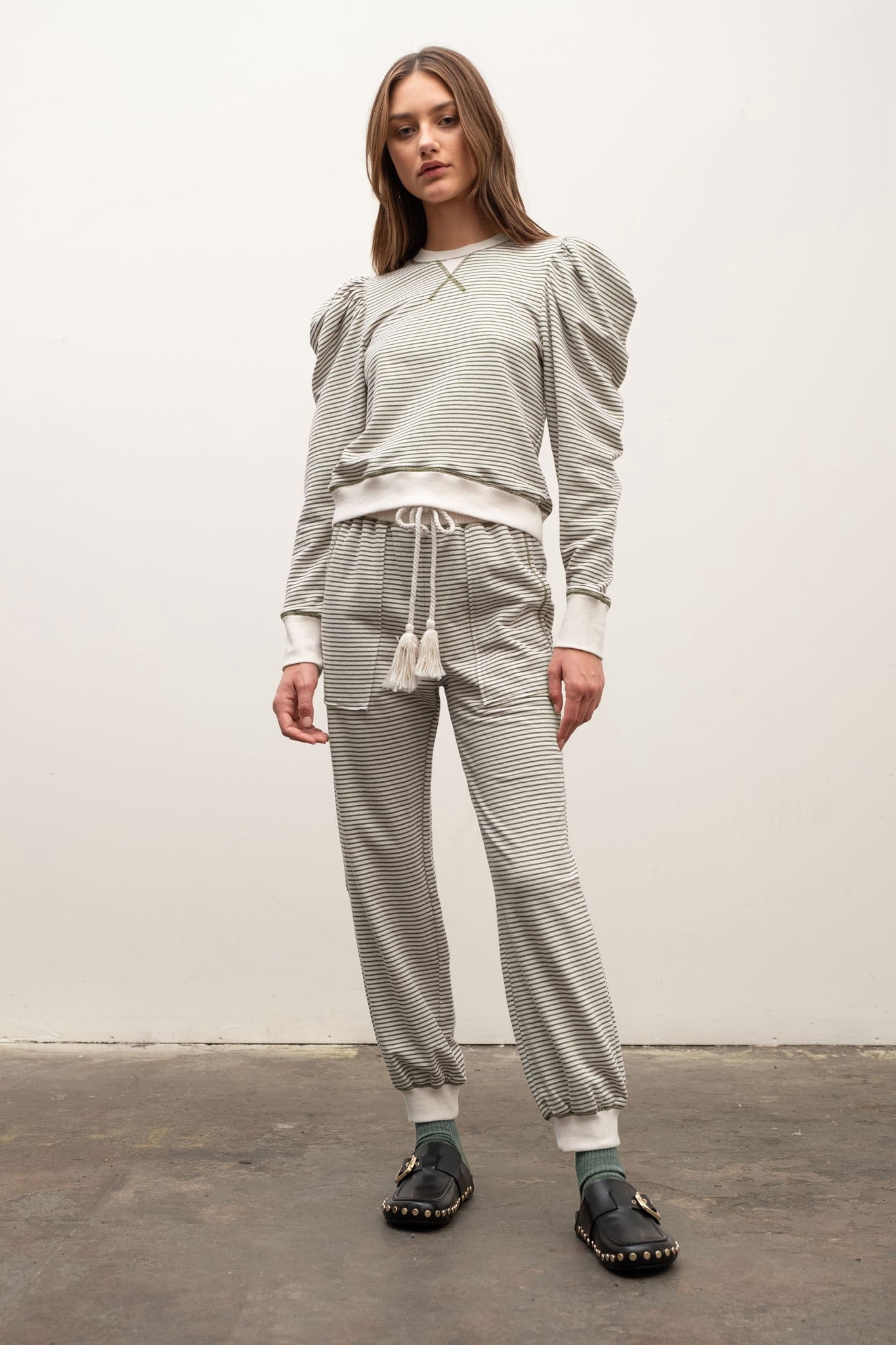 Striped Puff Sleeve Jogger Set