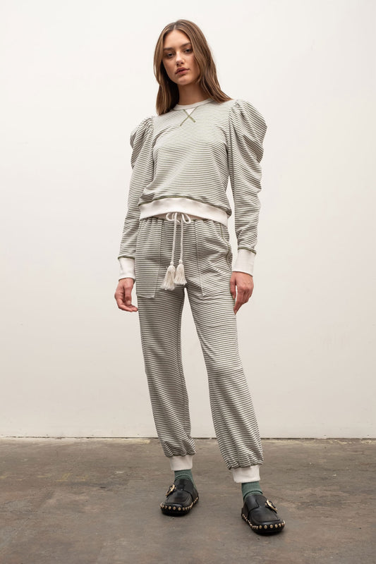 Striped Puff Sleeve Jogger Set