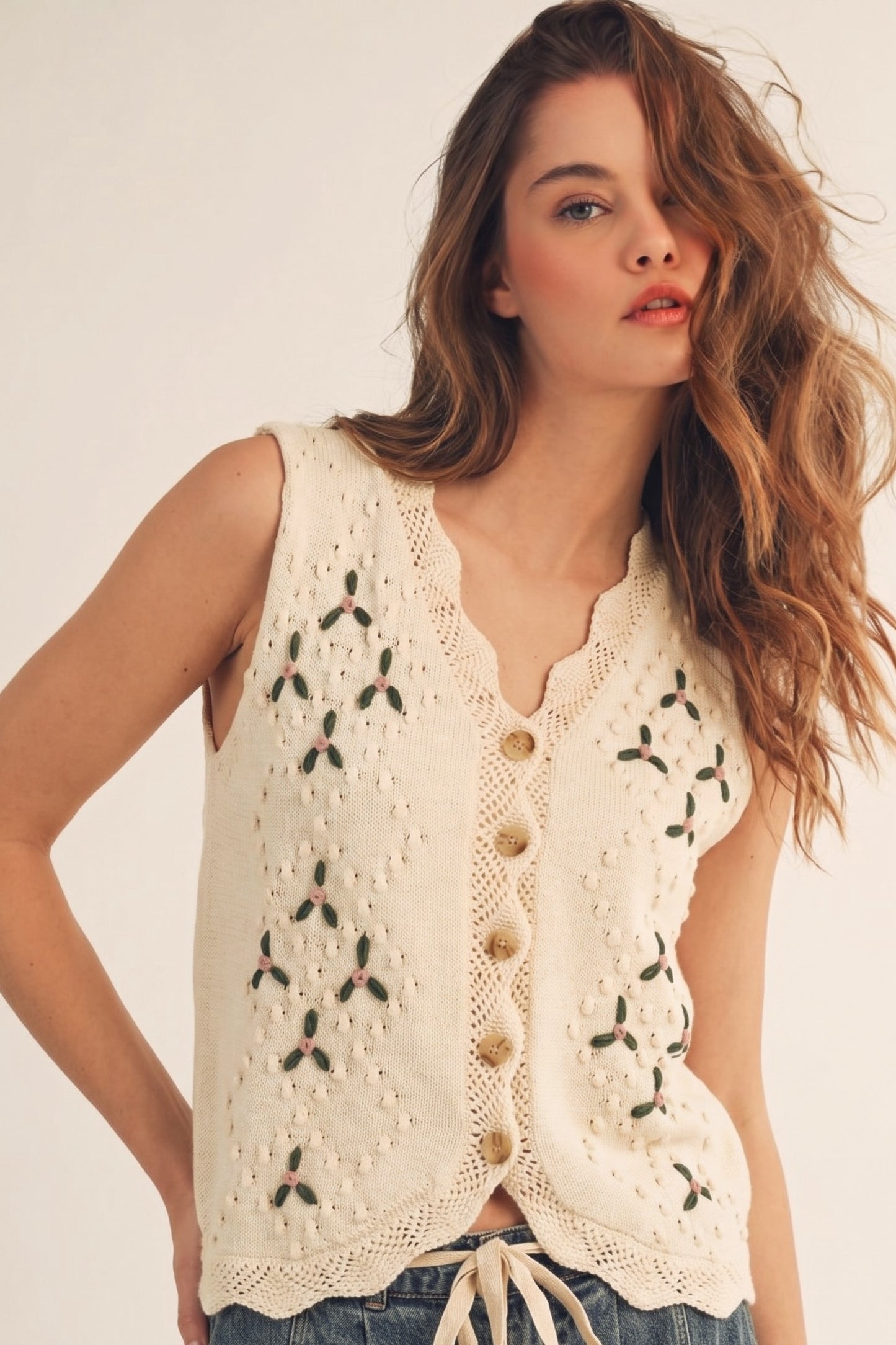 Button Down Embroidered Vest/Top