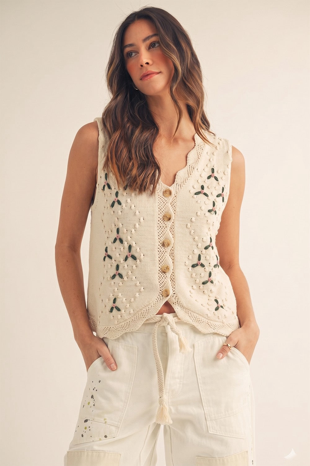 Button Down Embroidered Vest/Top