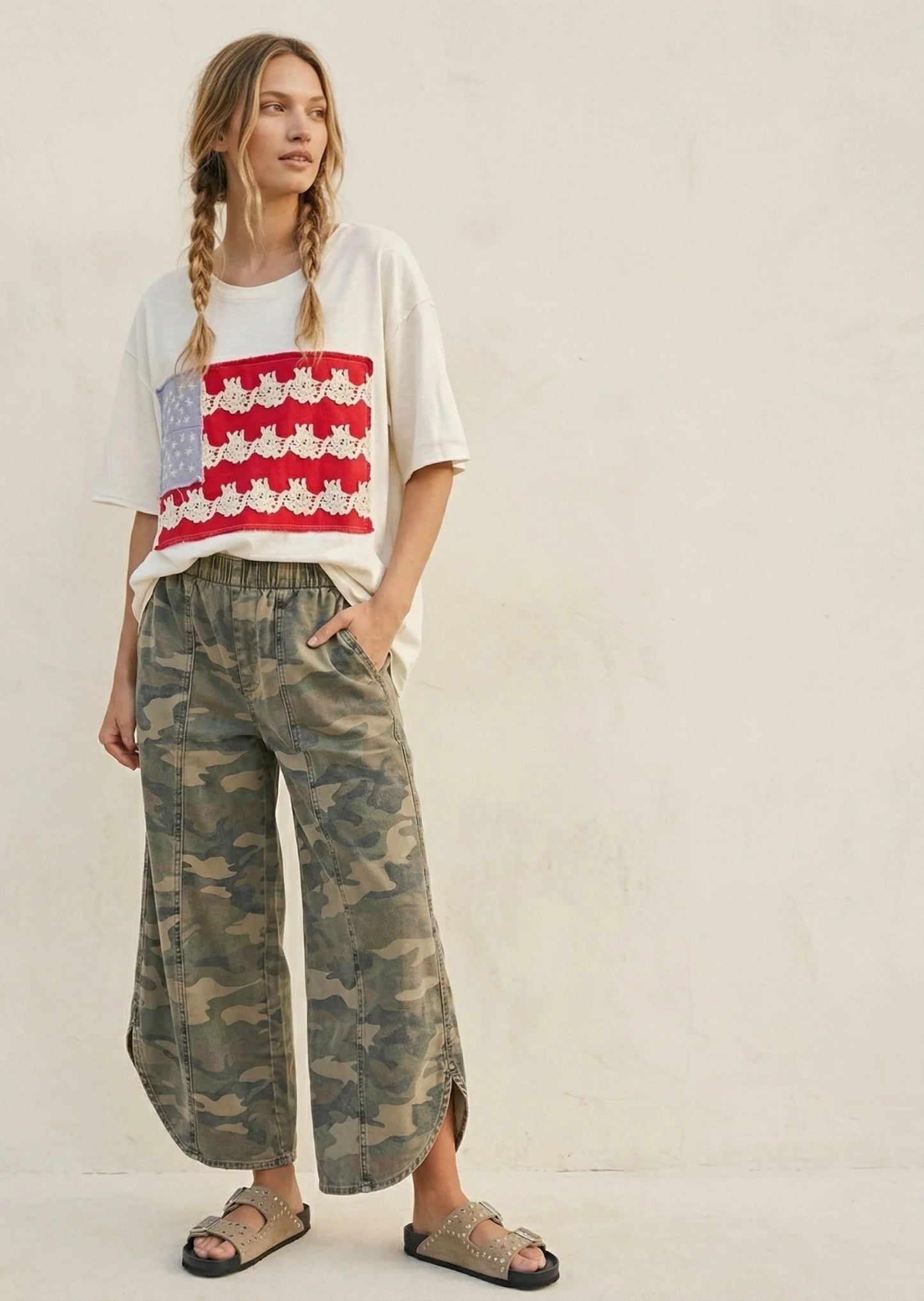 Camo Soft Denim Tulip Hem Pants