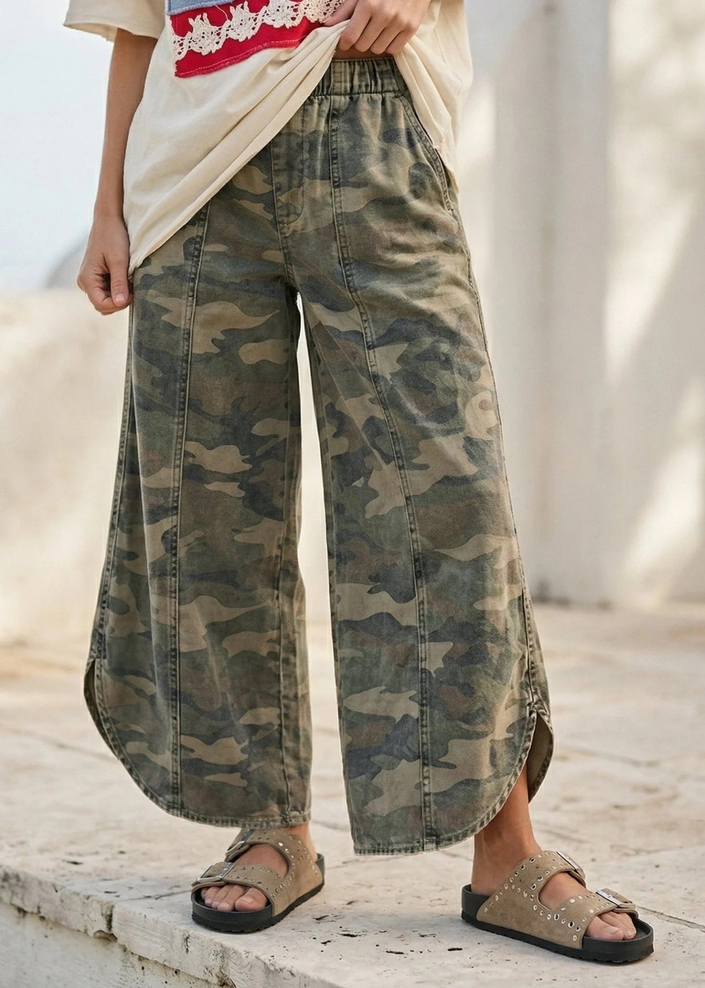 Camo Soft Denim Tulip Hem Pants