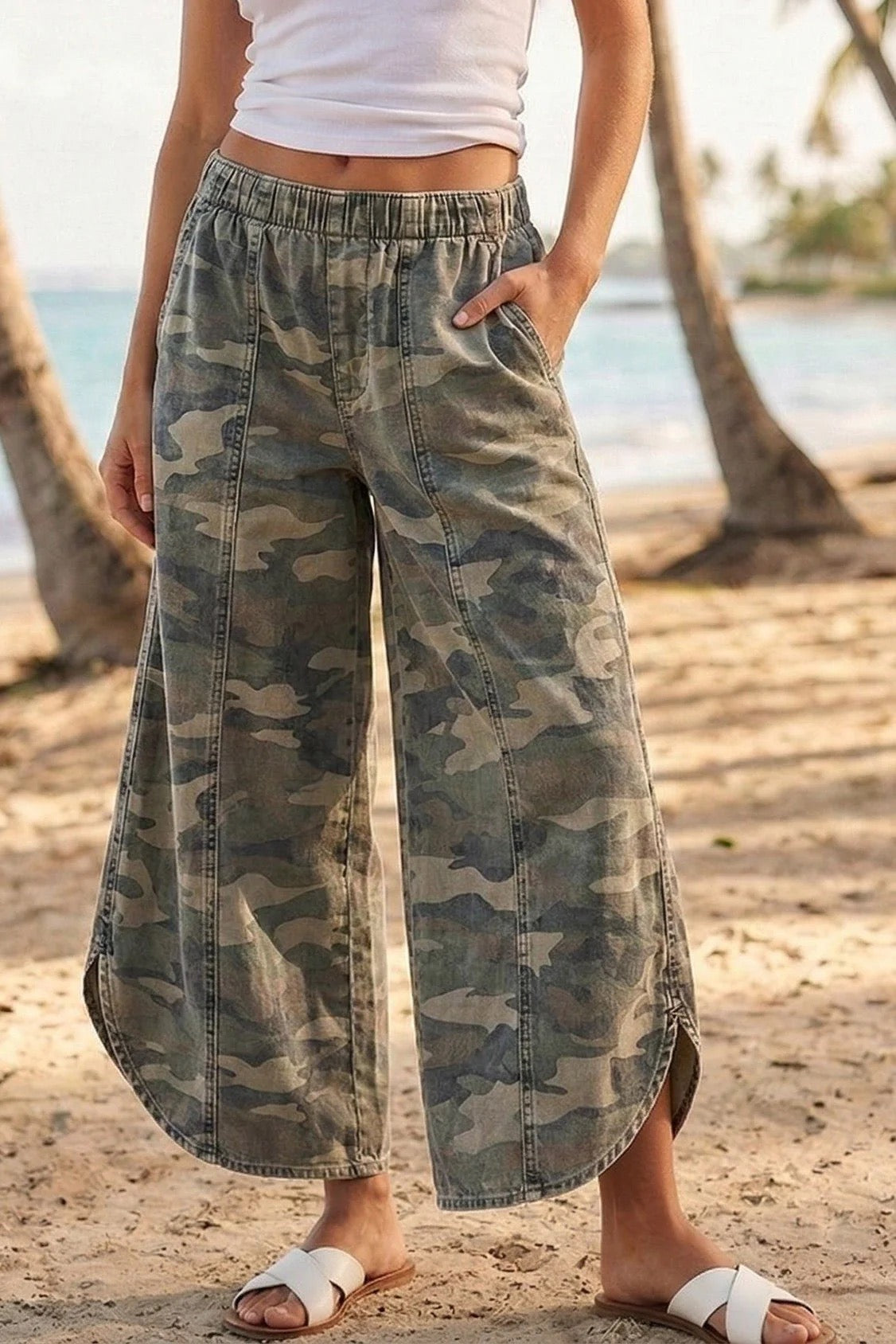 Camo Soft Denim Tulip Hem Pants